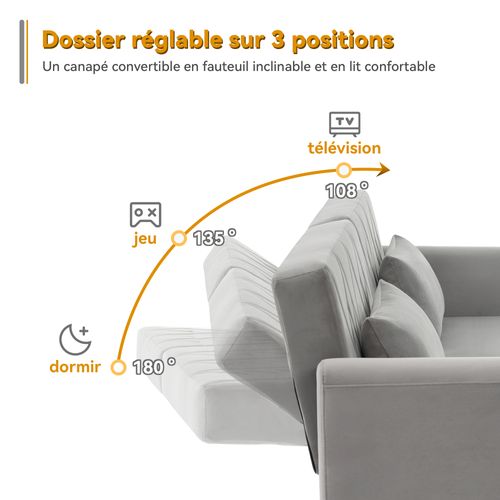 Canapé 2 Places Convertible Velours Gris