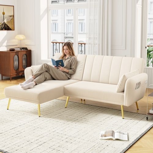 Canapé D'angle Convertible Méridienne Réversible Velours Beige