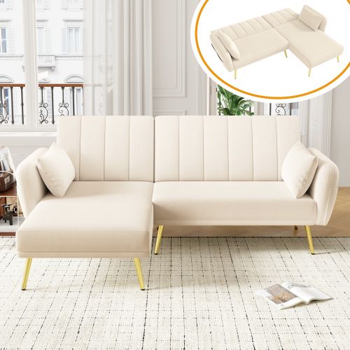 Canapé D'angle Convertible Méridienne Réversible Velours Beige