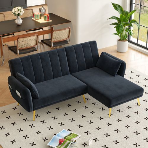 Canapé D'angle Convertible Méridienne Réversible Velours Noir