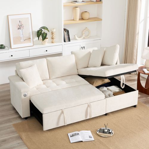 Canapé D'angle Convertible Avec Méridienne Réversible Et Espace De Rangement Lin Beige