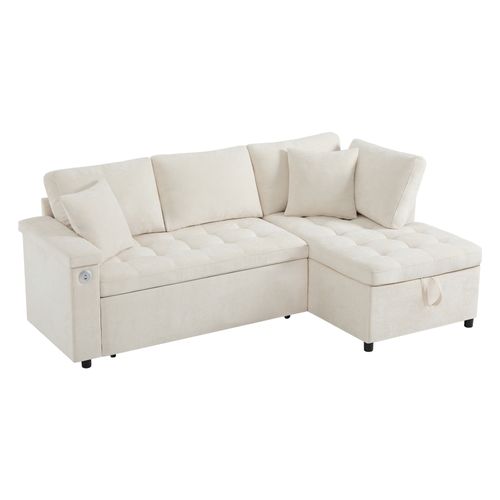 Canapé D'angle Convertible Avec Méridienne Réversible Et Espace De Rangement Lin Beige