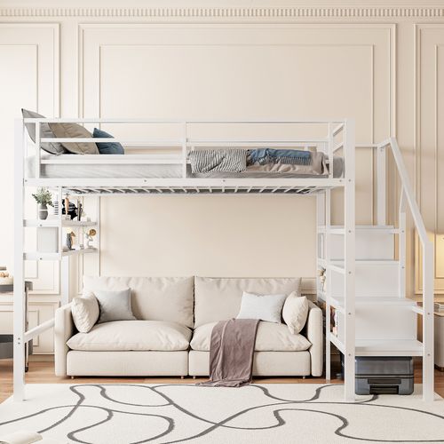 Lit Mezzanine 140x200cm Avec Plusieurs Étagères Et Escaliers En Métal Blanc