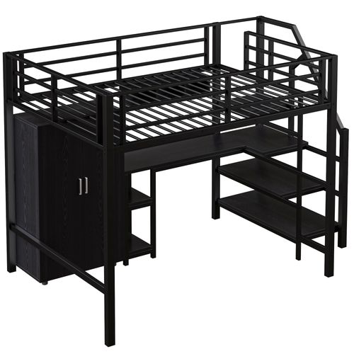 Lit Mezzanine 140x200cm Avec Bureau, Étagère Et Armoire En Métal Noir