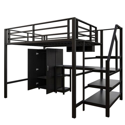 Lit Mezzanine 140x200cm Avec Bureau, Étagère Et Armoire En Métal Noir