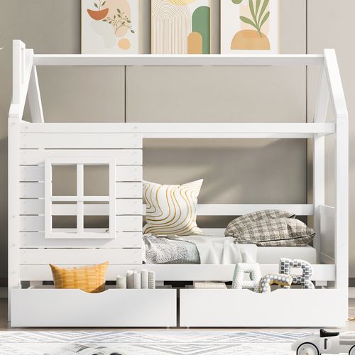 Lit Cabane Enfant 90 X 200cm Avec 2 Tiroirs Blanc