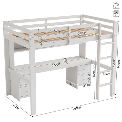 Lit Mezzanine 90 X 200cm Avec Bureau, 4 Tiroirs Et 4 Compartiments De Rangement Blanc