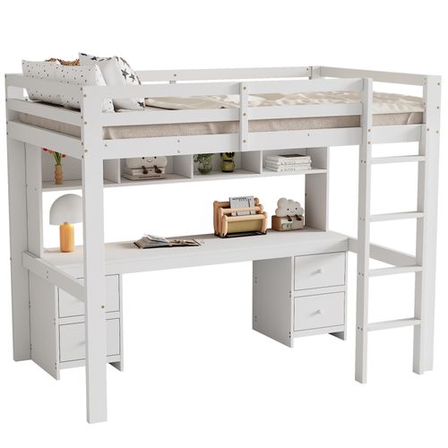 Lit Mezzanine 90 X 200cm Avec Bureau, 4 Tiroirs Et 4 Compartiments De Rangement Blanc
