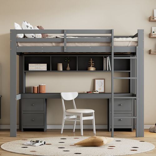 Lit Mezzanine 90 X 200cm Avec Bureau, 4 Tiroirs Et 4 Compartiments De Rangement Gris