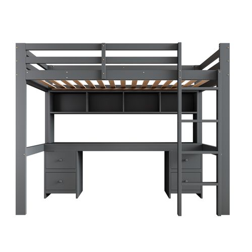 Lit Mezzanine 90 X 200cm Avec Bureau, 4 Tiroirs Et 4 Compartiments De Rangement Gris