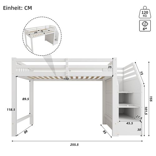Lit Mezzanine 90 X 200cmavec Escalier De Rangement Blanc