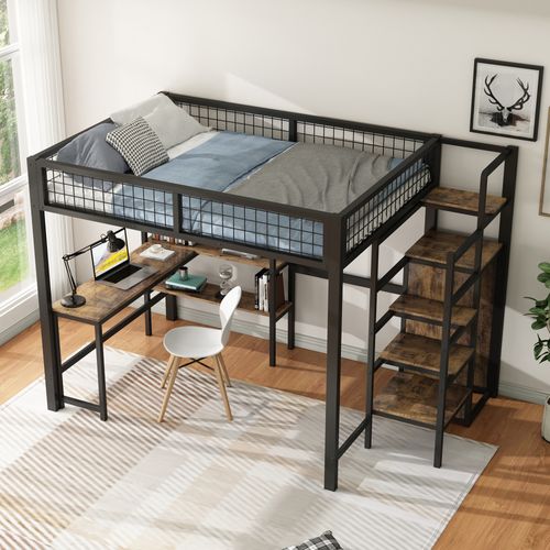 Lit Mezzanine 140 X 200cm Avec Bureau, Étagères Et Armoire Noir