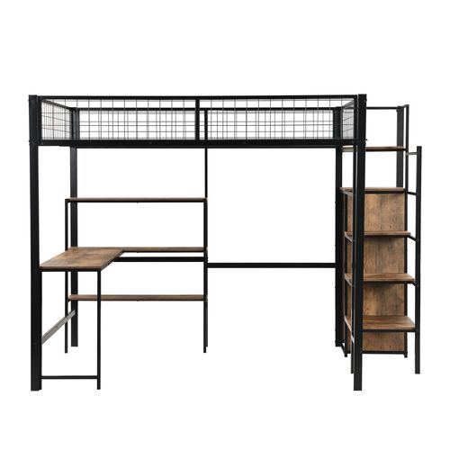Lit Mezzanine 140 X 200cm Avec Bureau, Étagères Et Armoire Noir