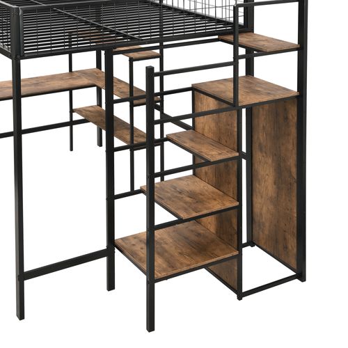 Lit Mezzanine 140 X 200cm Avec Bureau, Étagères Et Armoire Noir