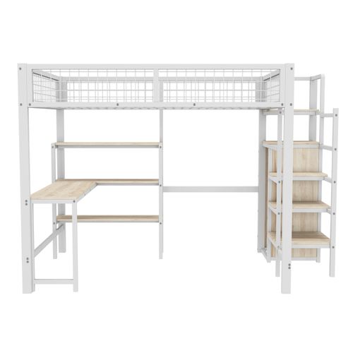 Lit Mezzanine 140 X 200cm Avec Bureau, Étagères Et Armoire Blanc