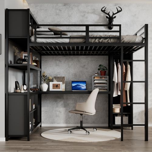 Lit Mezzanine 140 X 200cm Avec Bureau, Étagères Multicouches Et Armoire Noir