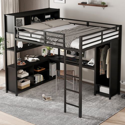 Lit Mezzanine 140 X 200cm Avec Bureau, Étagères Multicouches Et Armoire Noir