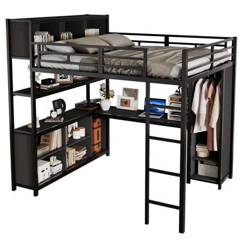 Lit Mezzanine 140 X 200cm Avec Bureau, Étagères Multicouches Et Armoire Noir