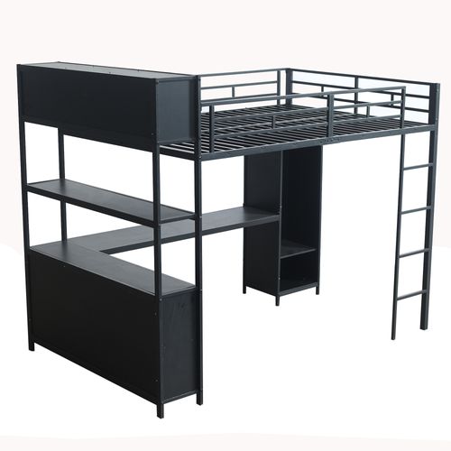 Lit Mezzanine 140 X 200cm Avec Bureau, Étagères Multicouches Et Armoire Noir