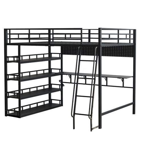 Lit Mezzanine 140 X 200cm Avec Bureau Et Étagère De Rangement à 4 Niveaux Noir