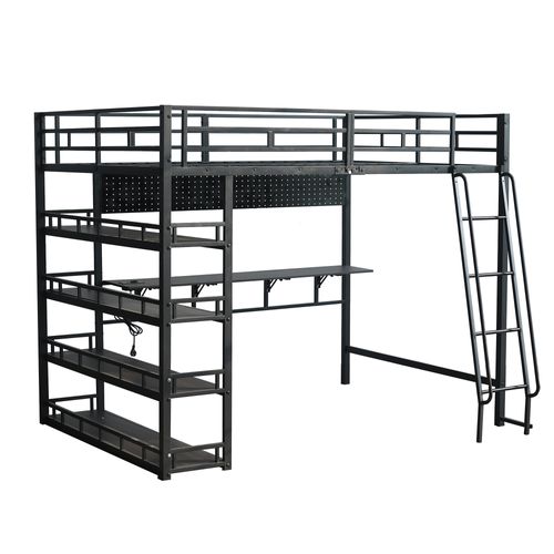 Lit Mezzanine 140 X 200cm Avec Bureau Et Étagère De Rangement à 4 Niveaux Noir