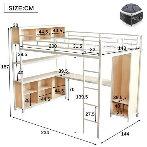 Lit Mezzanine 140 X 200cm Avec Bureau, Étagères Multicouches Et Armoire Blanc
