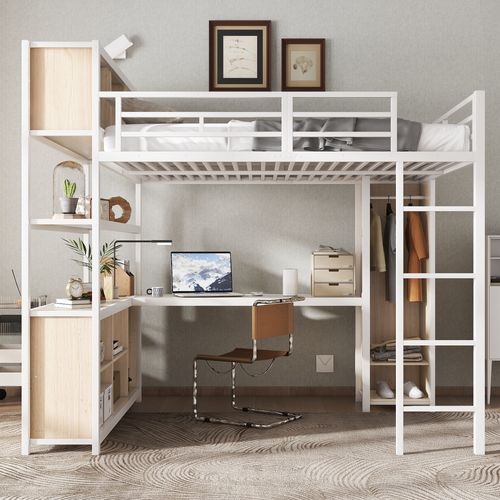 Lit Mezzanine 140 X 200cm Avec Bureau, Étagères Multicouches Et Armoire Blanc