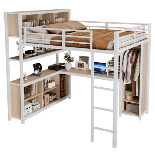 Lit Mezzanine 140 X 200cm Avec Bureau, Étagères Multicouches Et Armoire Blanc