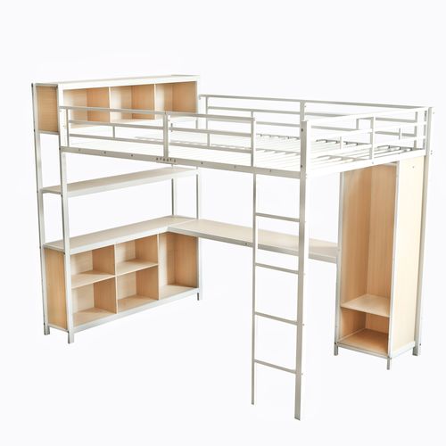 Lit Mezzanine 140 X 200cm Avec Bureau, Étagères Multicouches Et Armoire Blanc