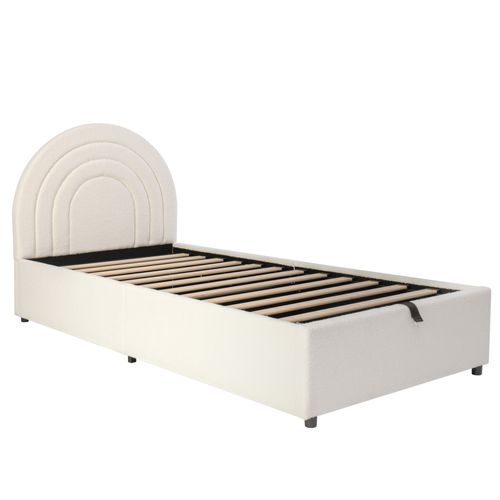Lit Enfant Coffre 90 X 200cm Avec Sommier à Lattes Et Tête De Lit Bouclé Beige