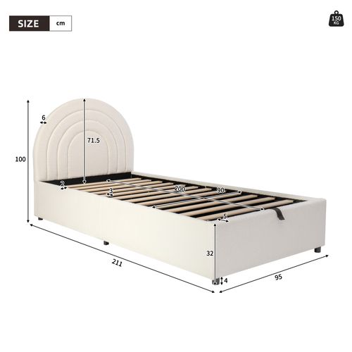 Lit Enfant Coffre 90 X 200cm Avec Sommier à Lattes Et Tête De Lit Velours Beige