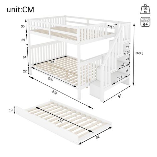 Lit Superposé 2 X 140 X 200cm Avec Lit Gigogne 90 X 190cm Blanc