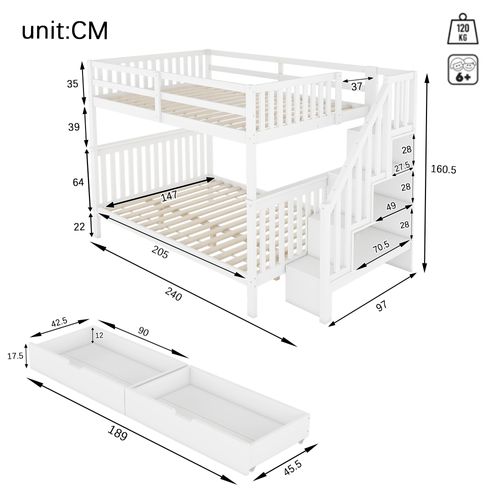 Lit Superposé 2 X 140 X 200cm Avec 2 Tiroirs Blanc