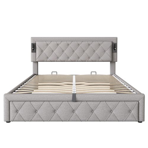 Lit Coffre 160 X 200cm 2 Places Avec Downlight Et Port USB Lin Gris