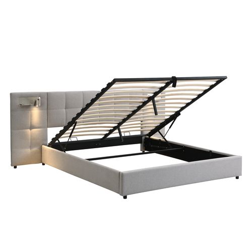 Lit Coffre 180 X 200cm 2 Places Avec Tête De Lit Et Sommier à Lattes Lin Gris