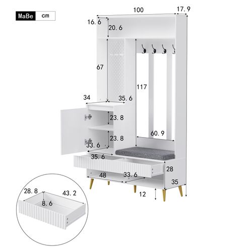 Vestiaire Avec 2 Tiroirs, 1 Porte, 4 Patères Et Un Banc à Chaussures Blanc