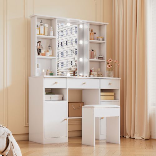 Coiffeuse Avec 3 Tiroirs, 2 Porte Et Miroir Avec Lumière LED Blanc