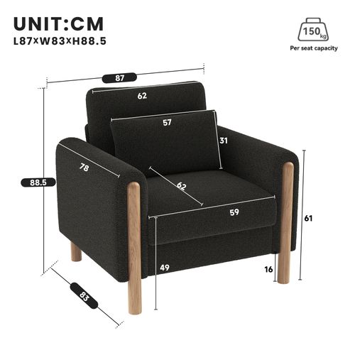 Fauteuil Avec Structure Et Pieds En Bois Massif, Avec Coussins En Velours Teddy Gris Foncé