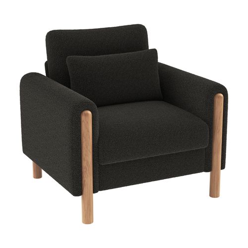 Fauteuil Avec Structure Et Pieds En Bois Massif, Avec Coussins En Velours Teddy Gris Foncé