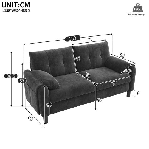 Canapé Fixe 2 Places Avec 2 Coussins Chenille Gris