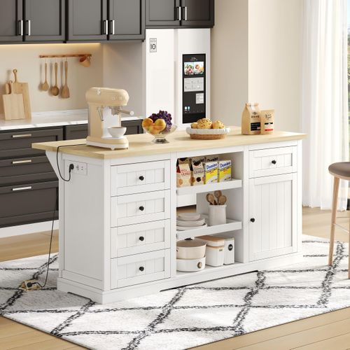 Ilot Central Cuisine Comptoir Avec 5 Tiroirs Et 1 Porte Blanc