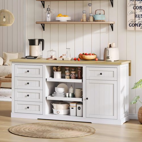 Ilot Central Cuisine Comptoir Avec 5 Tiroirs Et 1 Porte Blanc