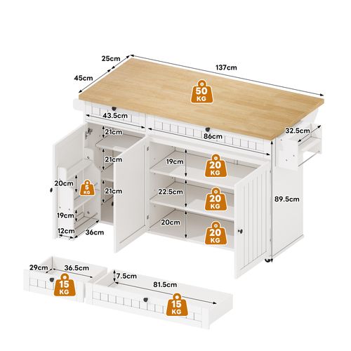 Ilot Central Cuisine Comptoir Avec 2 Tiroirs Et 3 Portes Blanc