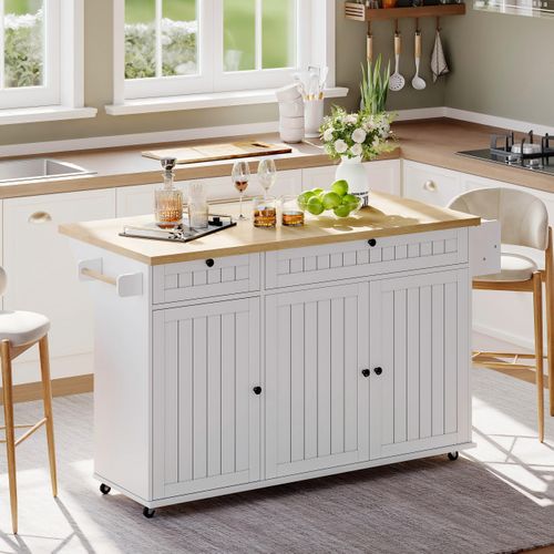 Ilot Central Cuisine Comptoir Avec 2 Tiroirs Et 3 Portes Blanc