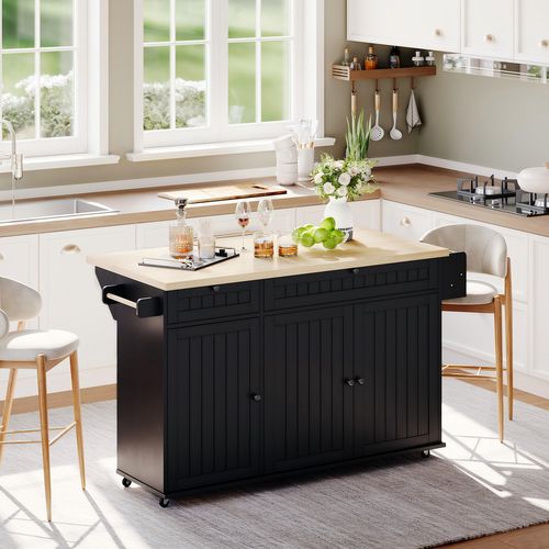 Ilot Central Cuisine Comptoir Avec 2 Tiroirs Et 3 Portes Noir