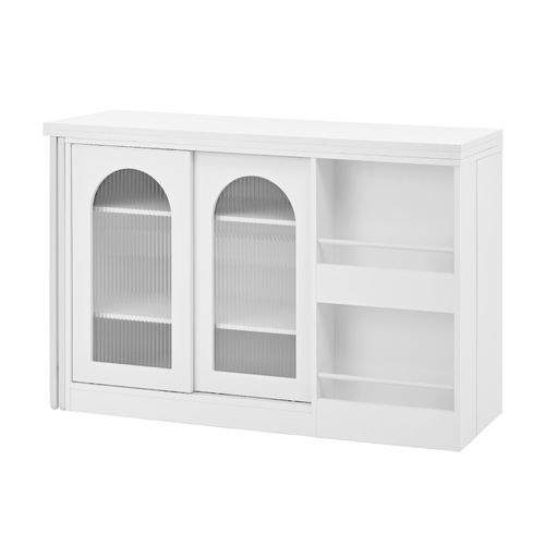 Ilot Central Cuisine Comptoir Avec Table Rotative Et Rétractable à 360° Et Portes Coulissantes Blanc