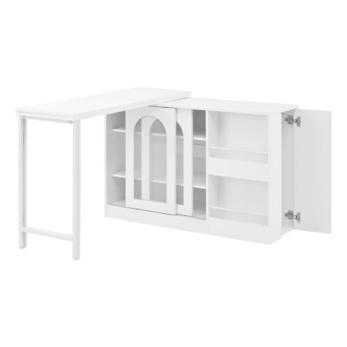 Ilot Central Cuisine Comptoir Avec Table Rotative Et Rétractable à 360° Et Portes Coulissantes Blanc