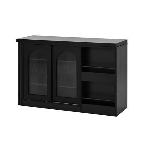 Ilot Central Cuisine Comptoir Avec Table Rotative Et Rétractable à 360° Et Portes Coulissantes Noir