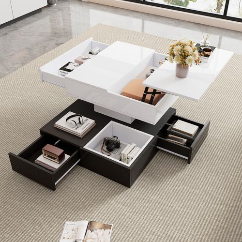 Table Basse Avec Un Bureau Rotatif Et Réglable à 360 Degrés Et 2 Tiroirs Noir