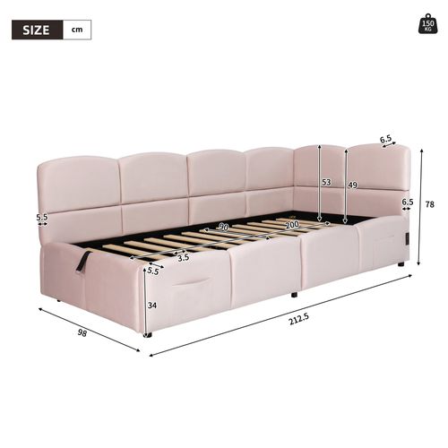 Lit Enfant Coffre 90x200 Cm Avec USB Et Poches De Rangement Latérales Velours Rose